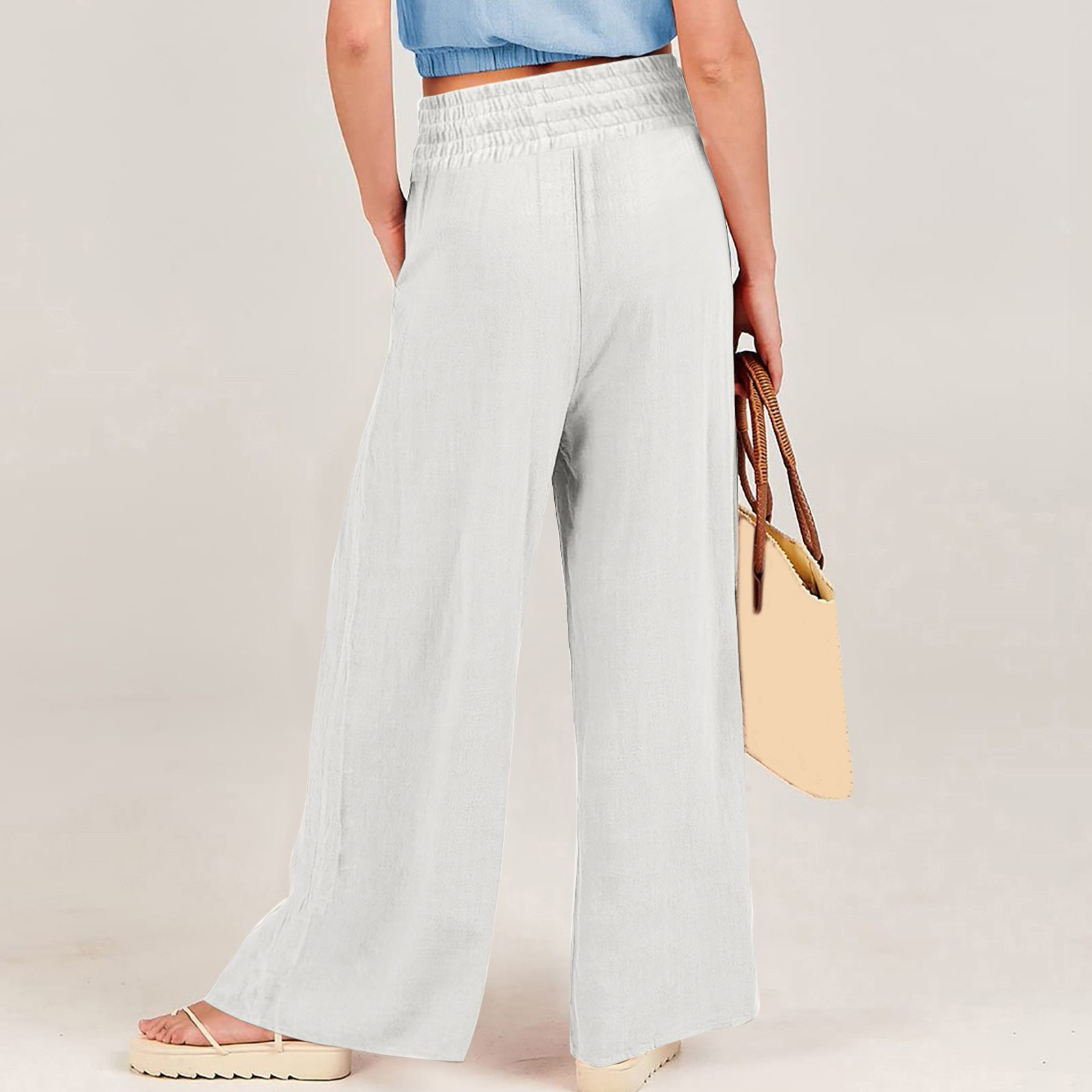 thumbnail image 4 of Pantalones de mujer de cintura alta y pierna ancha: pantalones palazzo con bolsillos, tejido ligero, ropa informal para vacaciones, tallas S-XXXL, cintura de 68-88 cm, corte holgado y cómodo., 4 of 6